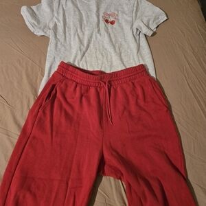 Old Navy Gray Tee with Cherry Graphic and Red Jogger Sweatpants